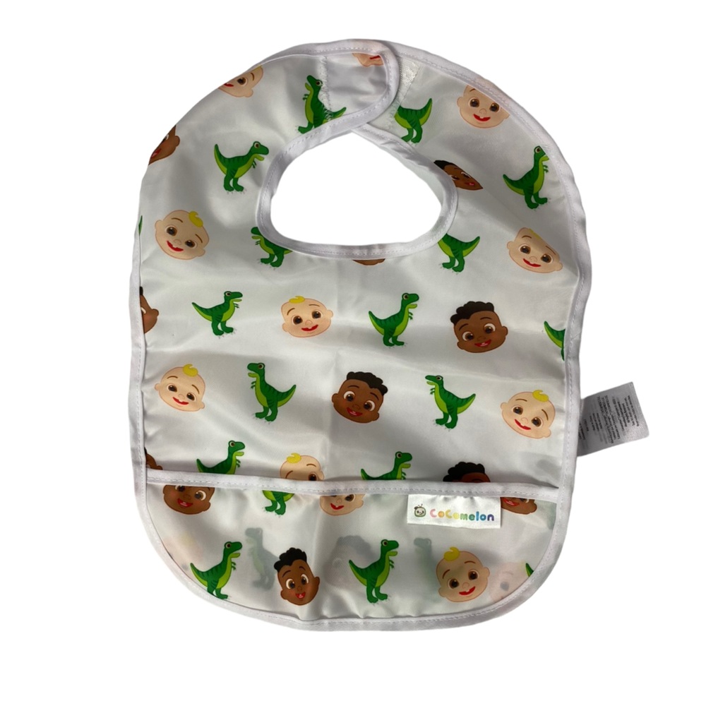 CoComelon pocket feeding bib white with dinosaurs and faces